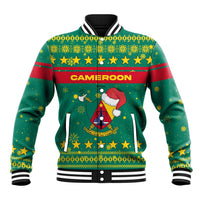 Cameroon Christmas Baseball Jacket with Green Red Pattern Coat of Arms Santa Hat and Stars Motif - Wonder Print Shop