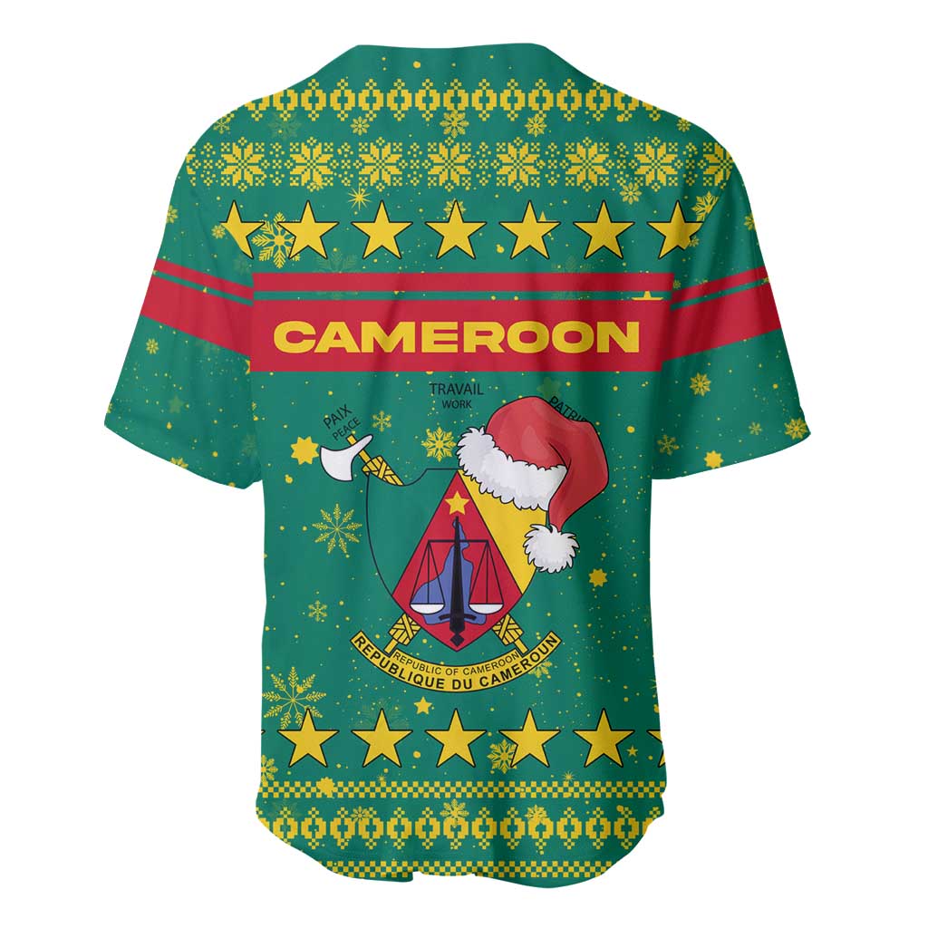 Cameroon Christmas Baseball Jersey with Green Red Pattern Coat of Arms Santa Hat and Stars Motif - Wonder Print Shop