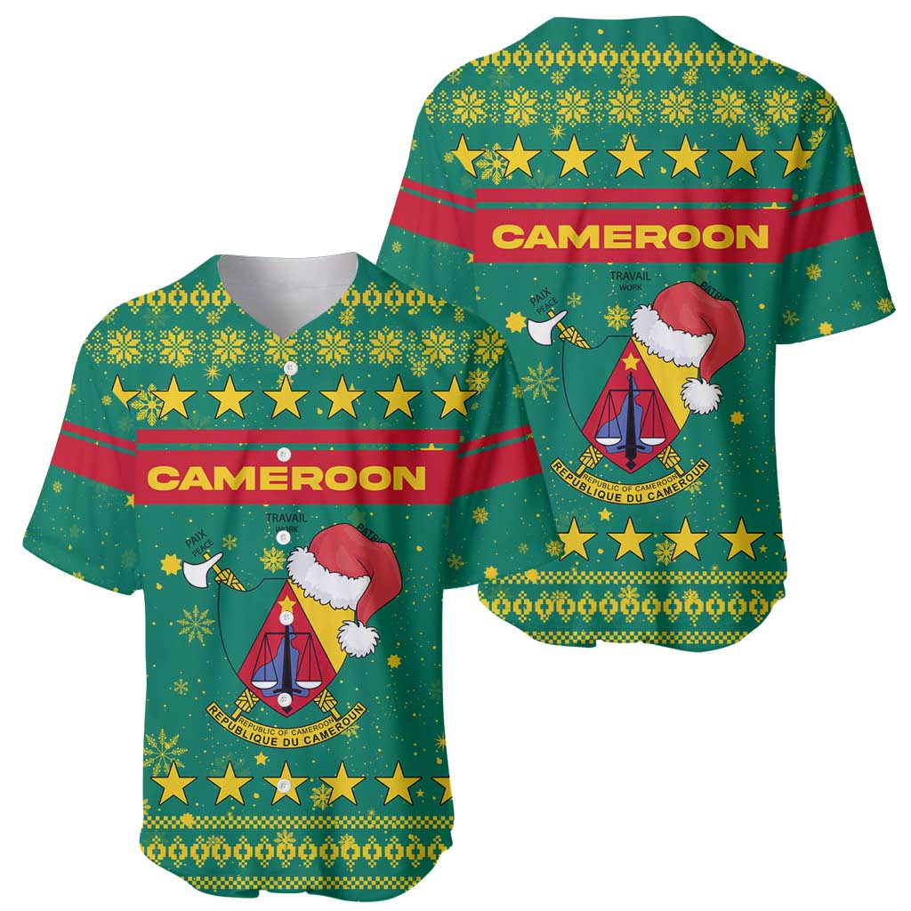 Cameroon Christmas Baseball Jersey with Green Red Pattern Coat of Arms Santa Hat and Stars Motif - Wonder Print Shop
