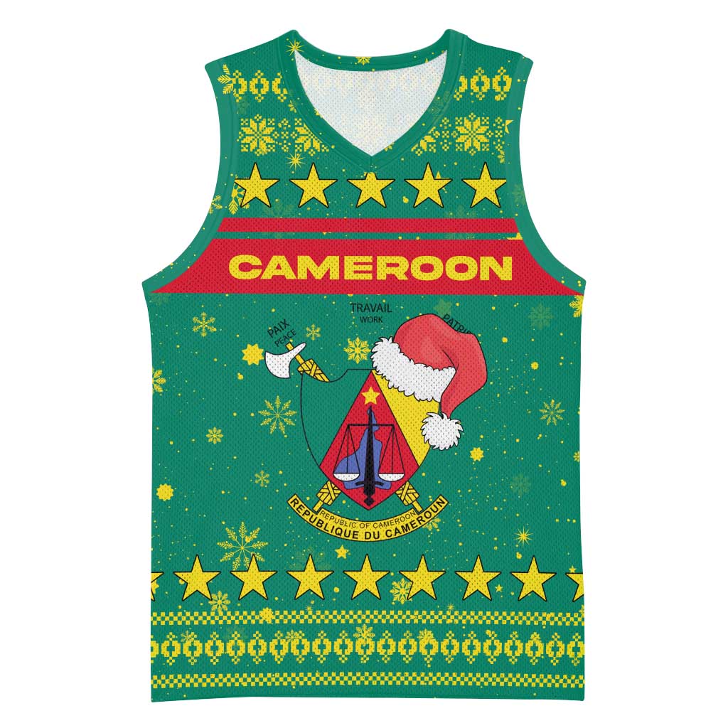 Cameroon Christmas Basketball Jersey with Green Red Pattern Coat of Arms Santa Hat and Stars Motif - Wonder Print Shop