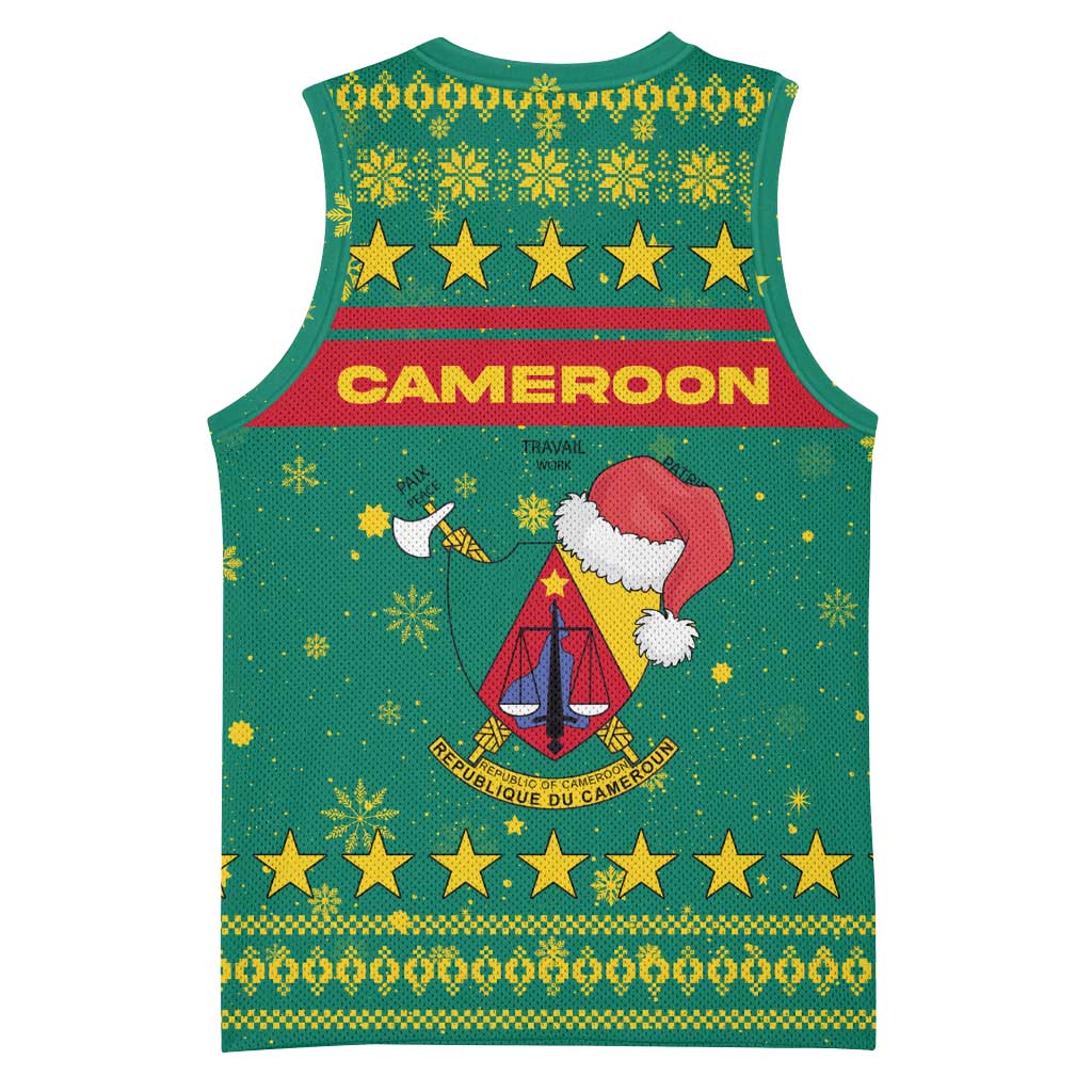 Cameroon Christmas Basketball Jersey with Green Red Pattern Coat of Arms Santa Hat and Stars Motif - Wonder Print Shop