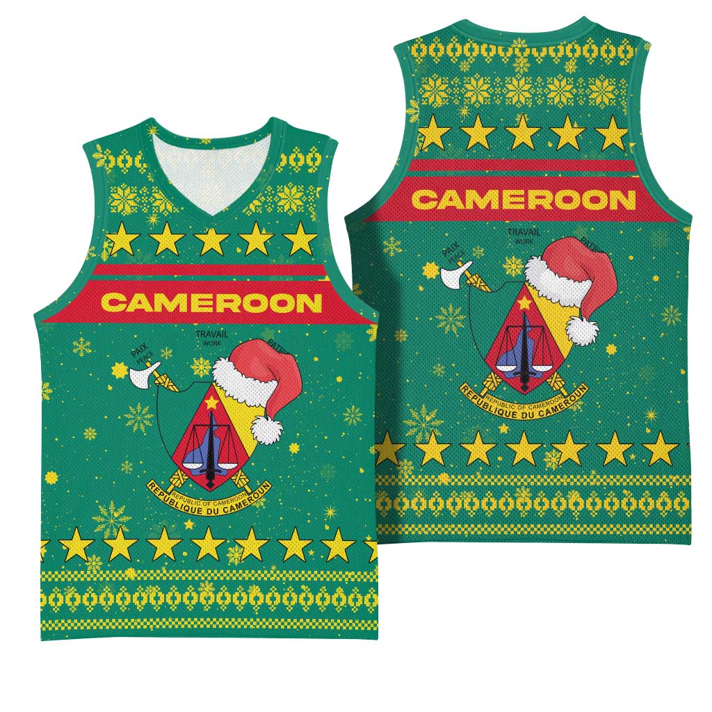 Cameroon Christmas Basketball Jersey with Green Red Pattern Coat of Arms Santa Hat and Stars Motif - Wonder Print Shop