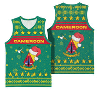 Cameroon Christmas Basketball Jersey with Green Red Pattern Coat of Arms Santa Hat and Stars Motif - Wonder Print Shop