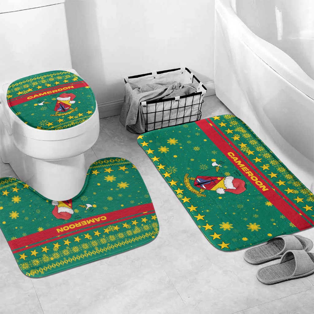Cameroon Christmas Bathroom Set with Green Red Pattern Coat of Arms Santa Hat and Stars Motif - Wonder Print Shop