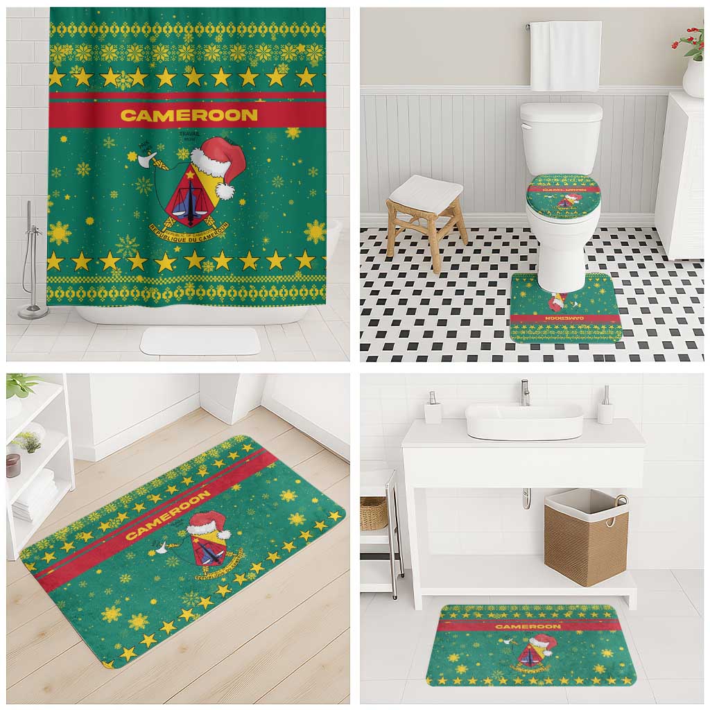 Cameroon Christmas Bathroom Set with Green Red Pattern Coat of Arms Santa Hat and Stars Motif - Wonder Print Shop