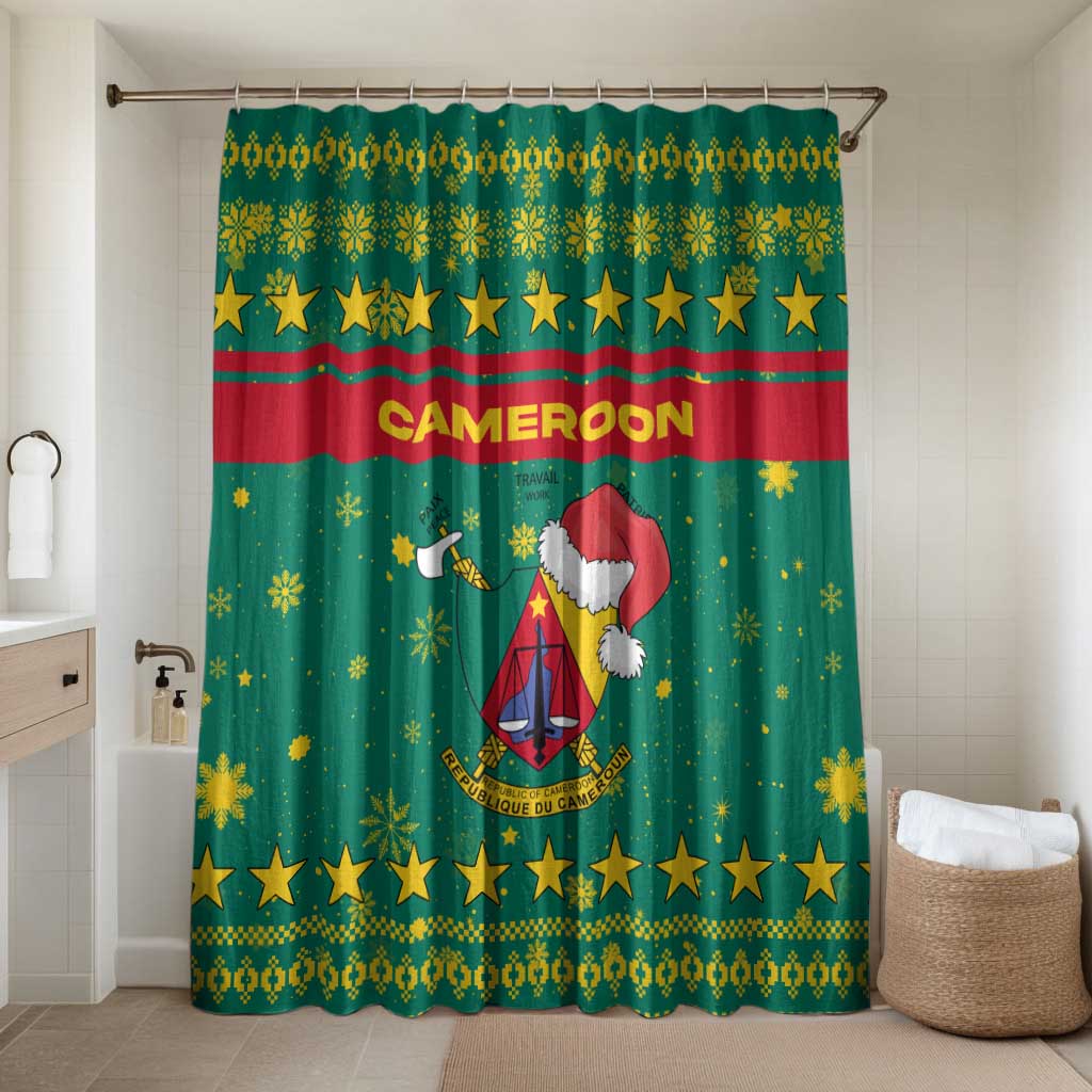 Cameroon Christmas Bathroom Set with Green Red Pattern Coat of Arms Santa Hat and Stars Motif - Wonder Print Shop