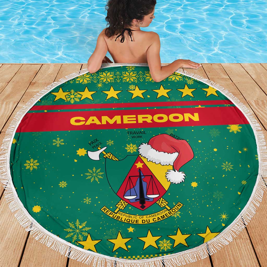 Cameroon Christmas Beach Blanket with Green Red Pattern Coat of Arms Santa Hat and Stars Motif - Wonder Print Shop