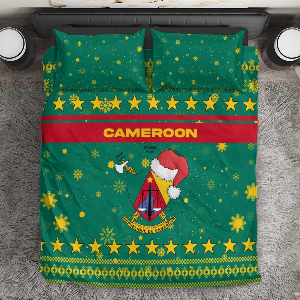 Cameroon Christmas Bedding Set with Green Red Pattern Coat of Arms Santa Hat and Stars Motif - Wonder Print Shop