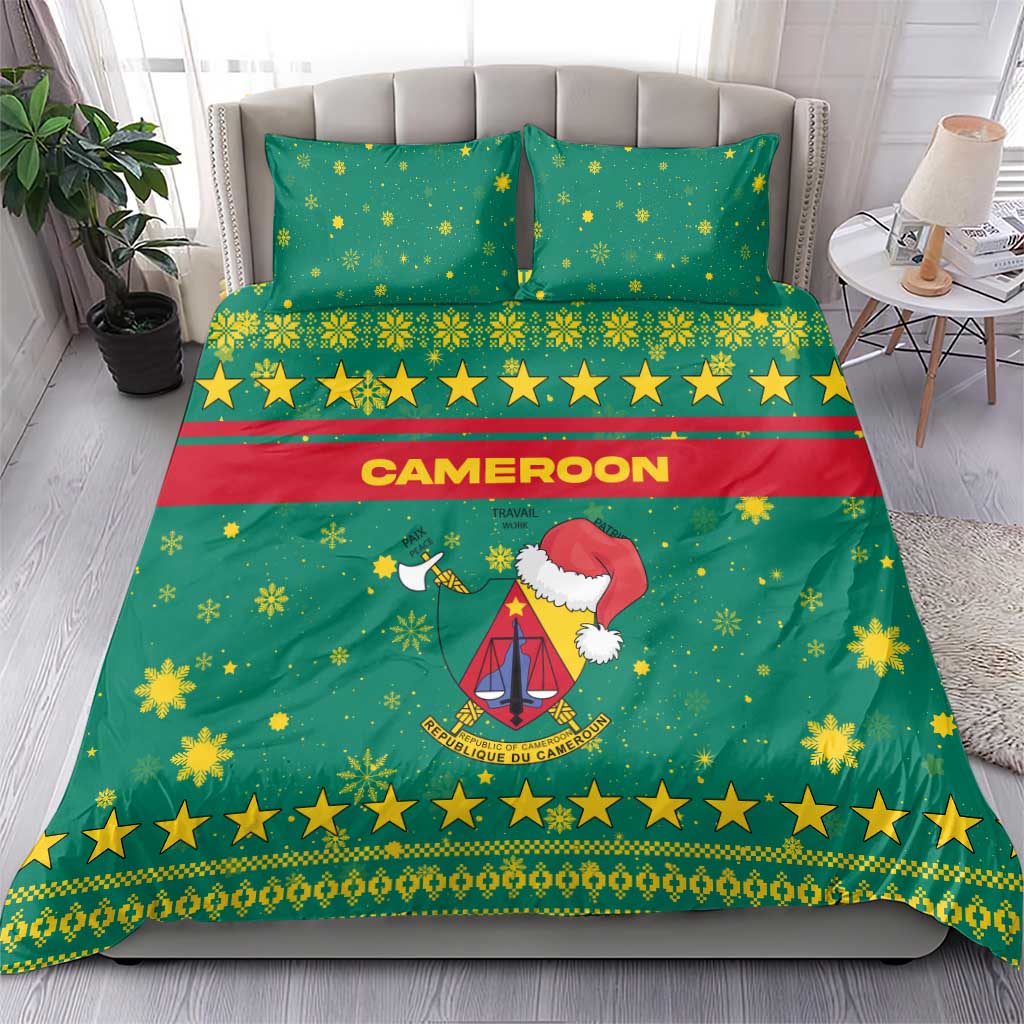 Cameroon Christmas Bedding Set with Green Red Pattern Coat of Arms Santa Hat and Stars Motif - Wonder Print Shop