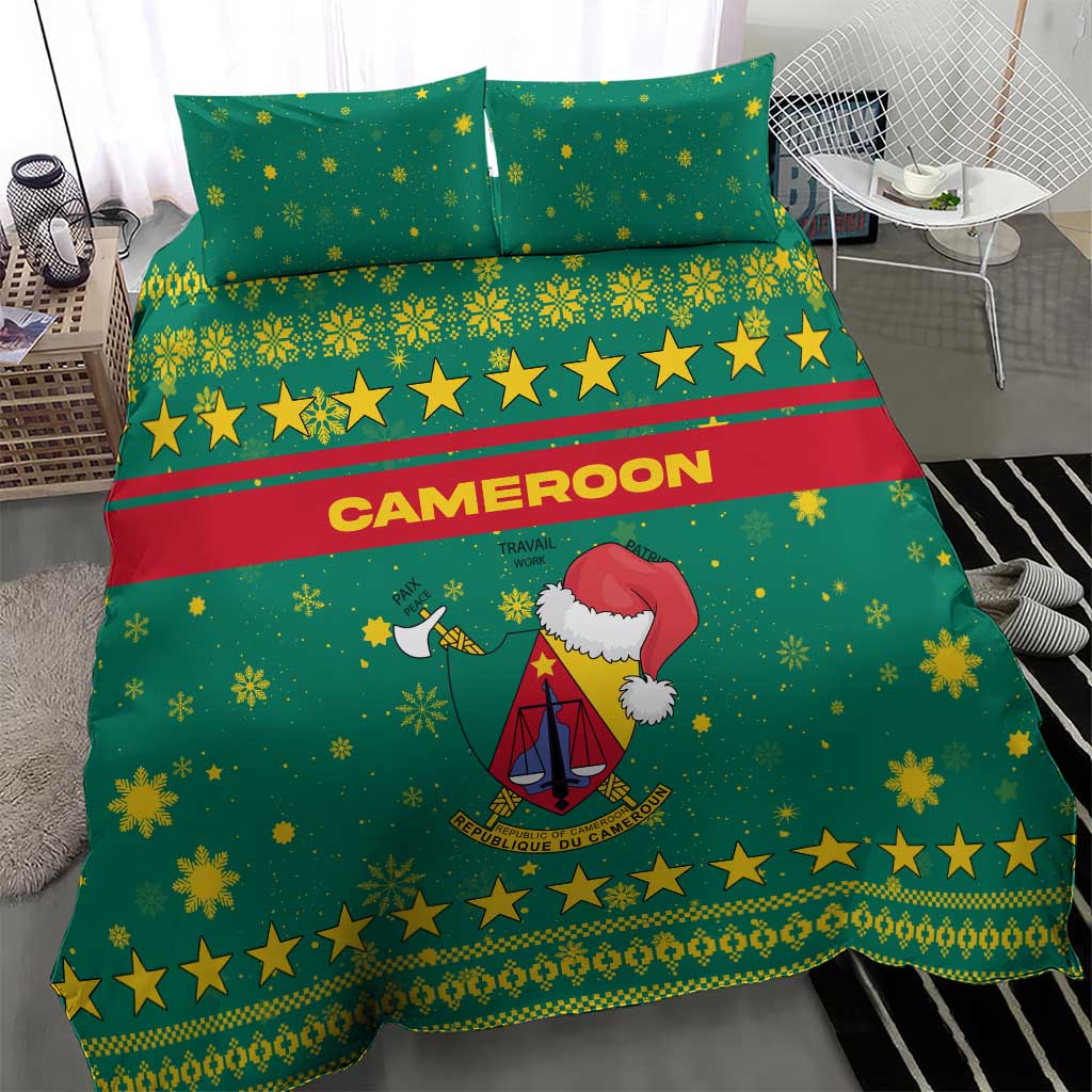 Cameroon Christmas Bedding Set with Green Red Pattern Coat of Arms Santa Hat and Stars Motif - Wonder Print Shop