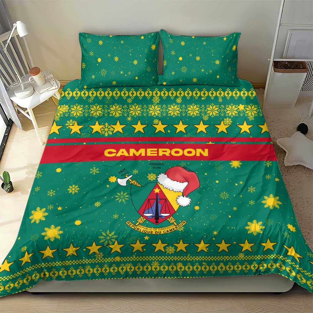Cameroon Christmas Bedding Set with Green Red Pattern Coat of Arms Santa Hat and Stars Motif - Wonder Print Shop