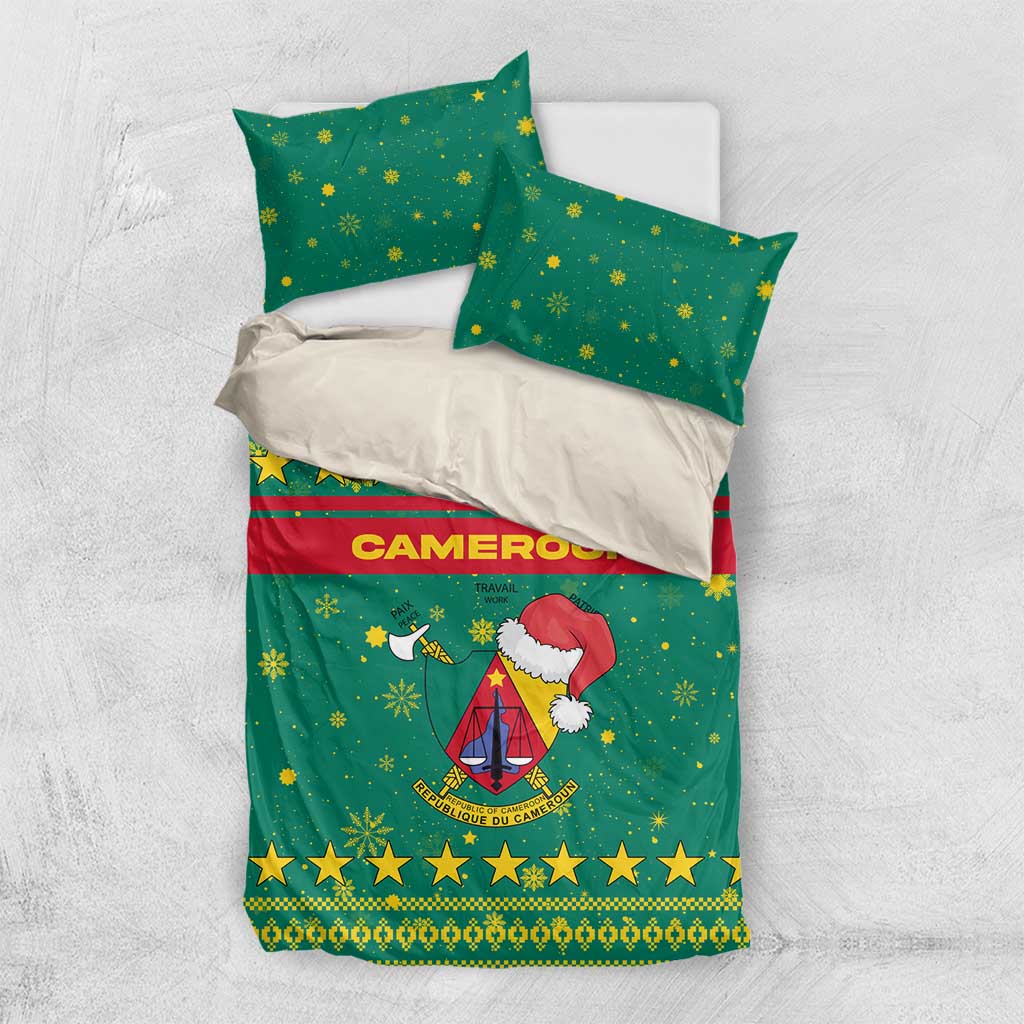Cameroon Christmas Bedding Set with Green Red Pattern Coat of Arms Santa Hat and Stars Motif - Wonder Print Shop