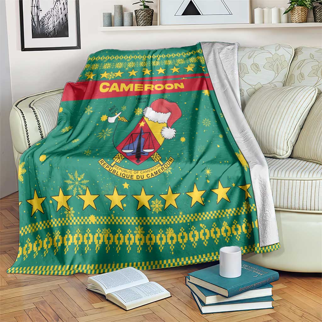 Cameroon Christmas Blanket with Green Red Pattern Coat of Arms Santa Hat and Stars Motif - Wonder Print Shop