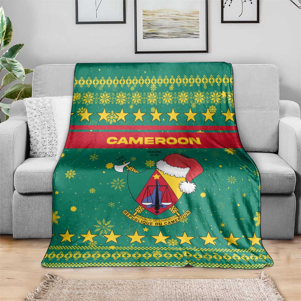 Cameroon Christmas Blanket with Green Red Pattern Coat of Arms Santa Hat and Stars Motif - Wonder Print Shop