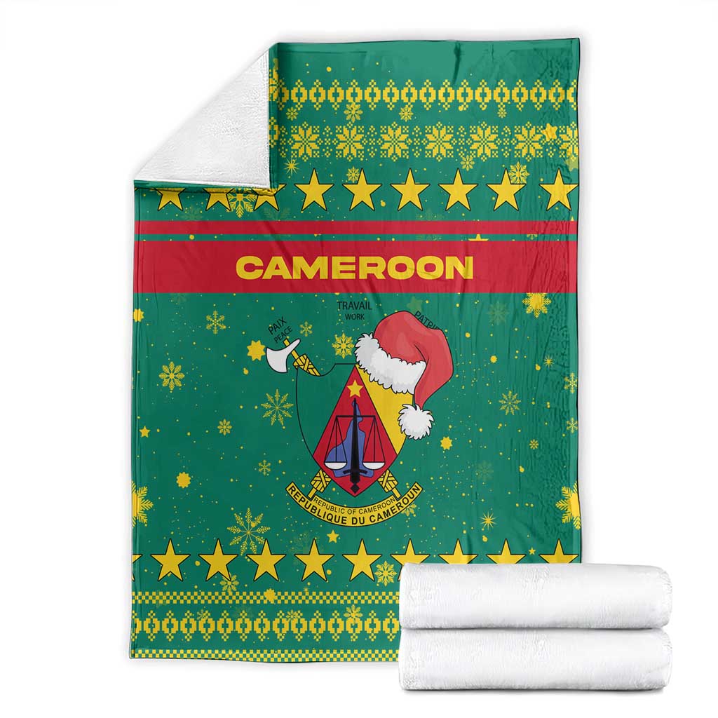 Cameroon Christmas Blanket with Green Red Pattern Coat of Arms Santa Hat and Stars Motif - Wonder Print Shop
