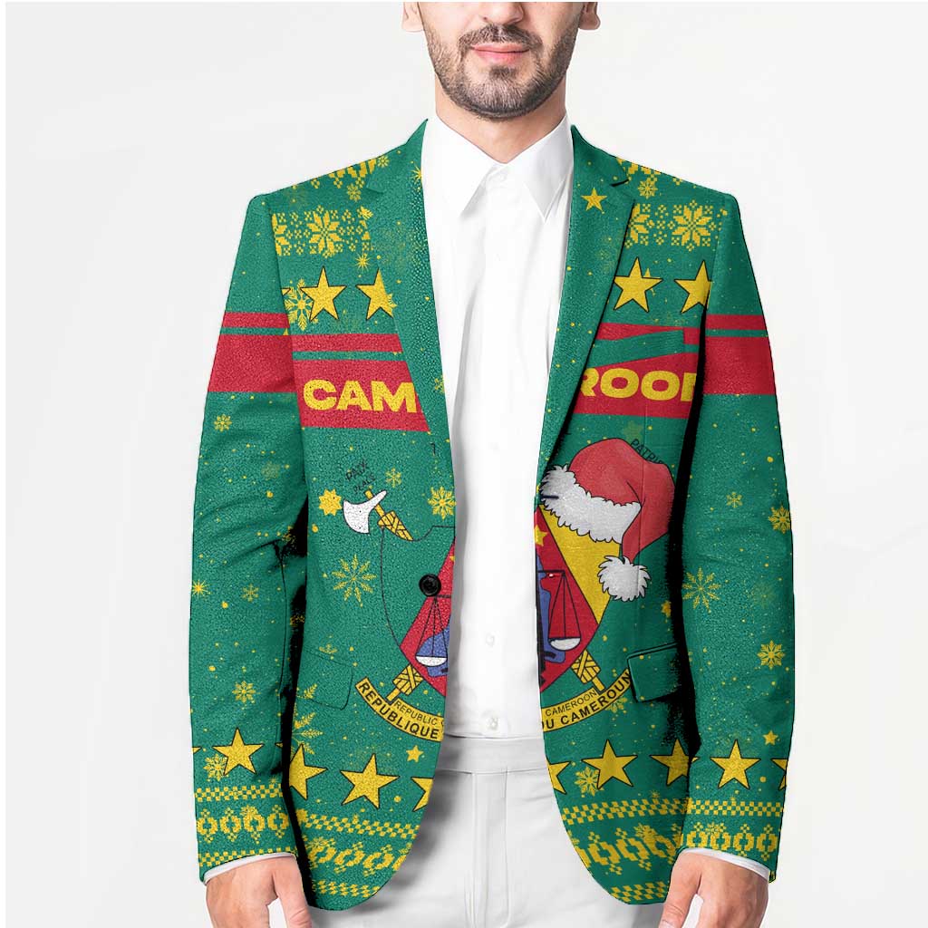 Cameroon Christmas Blazer with Green Red Pattern Coat of Arms Santa Hat and Stars Motif - Wonder Print Shop