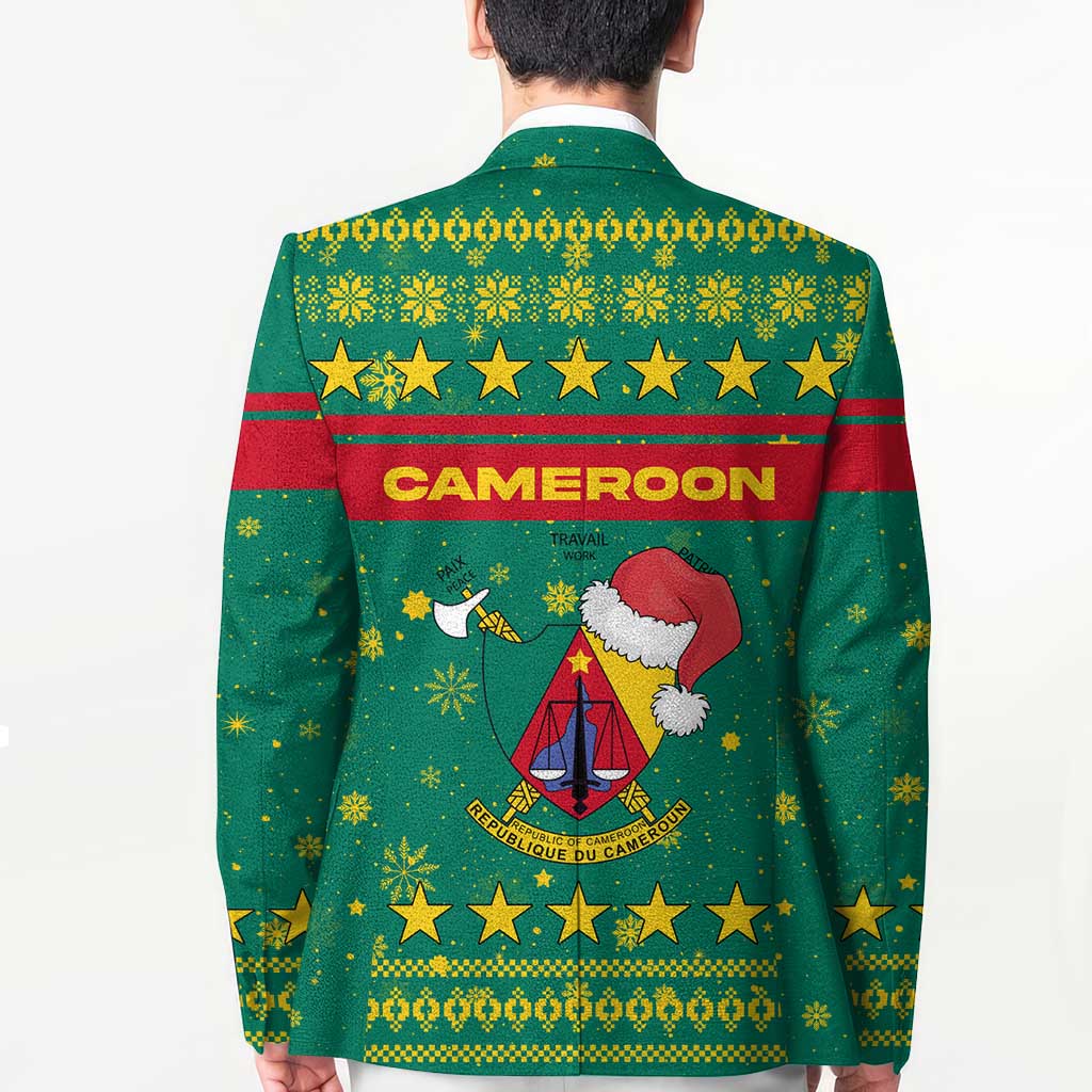 Cameroon Christmas Blazer with Green Red Pattern Coat of Arms Santa Hat and Stars Motif - Wonder Print Shop