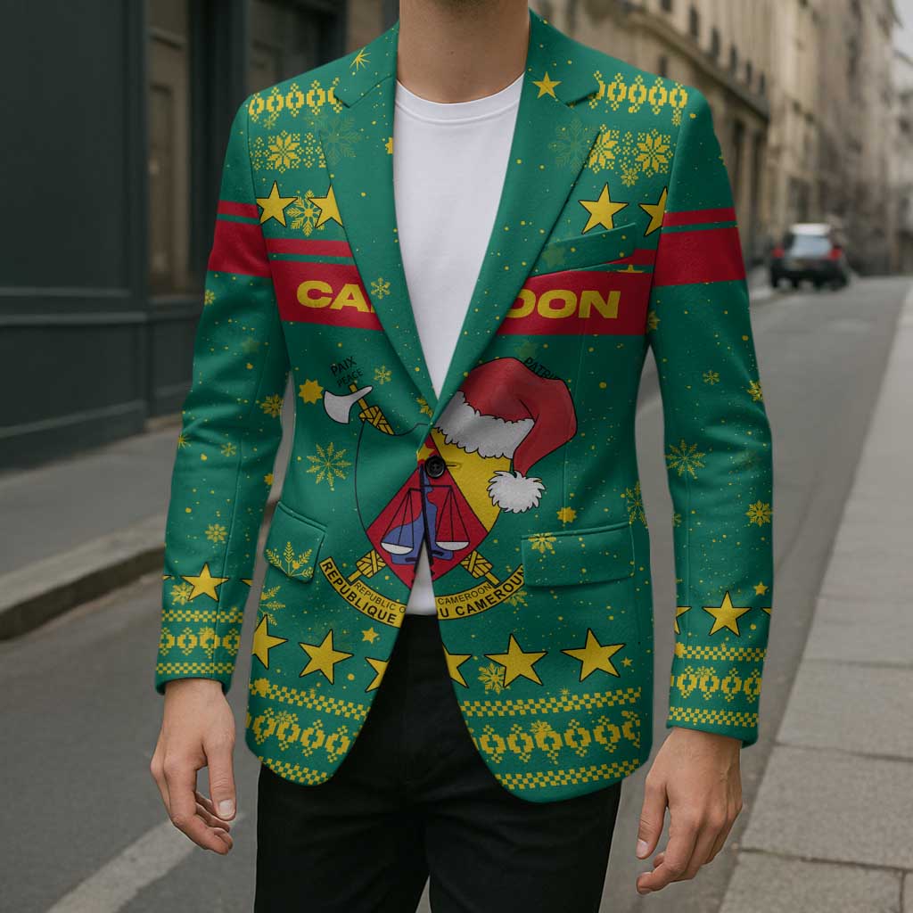 Cameroon Christmas Blazer with Green Red Pattern Coat of Arms Santa Hat and Stars Motif - Wonder Print Shop