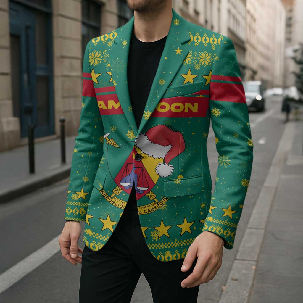Cameroon Christmas Blazer with Green Red Pattern Coat of Arms Santa Hat and Stars Motif - Wonder Print Shop