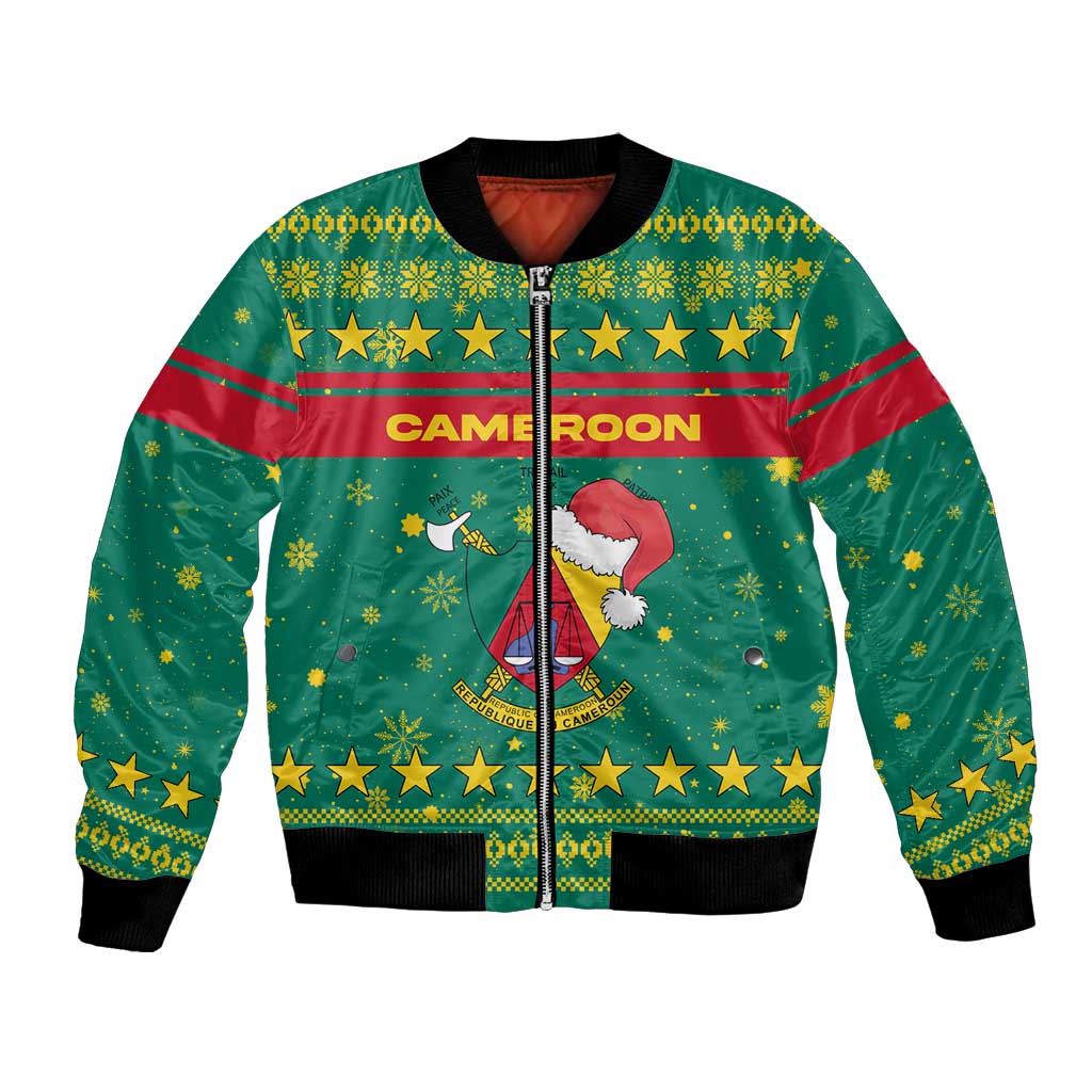 Cameroon Christmas Bomber Jacket with Green Red Pattern Coat of Arms Santa Hat and Stars Motif - Wonder Print Shop