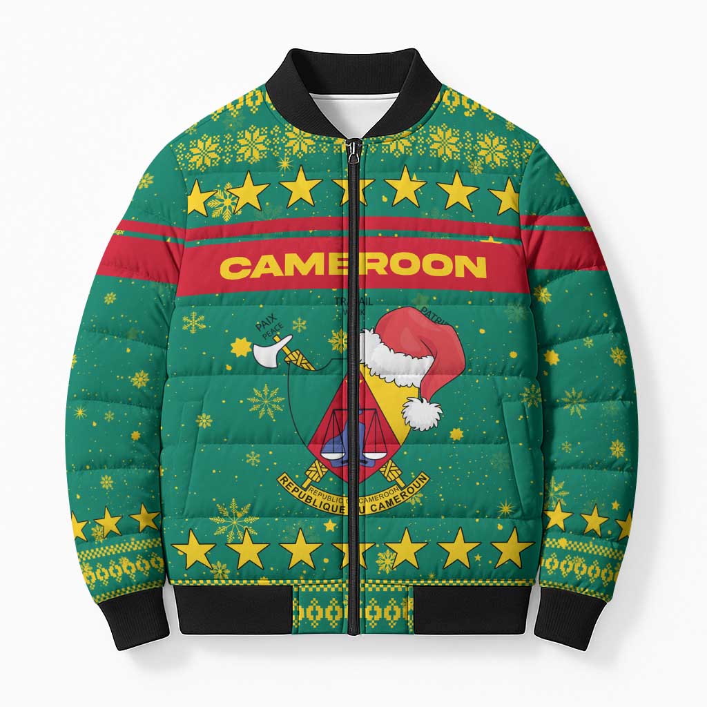 Cameroon Christmas Bomber Puffer Jacket with Green Red Pattern Coat of Arms Santa Hat and Stars Motif - Wonder Print Shop