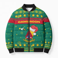 Cameroon Christmas Bomber Puffer Jacket with Green Red Pattern Coat of Arms Santa Hat and Stars Motif - Wonder Print Shop