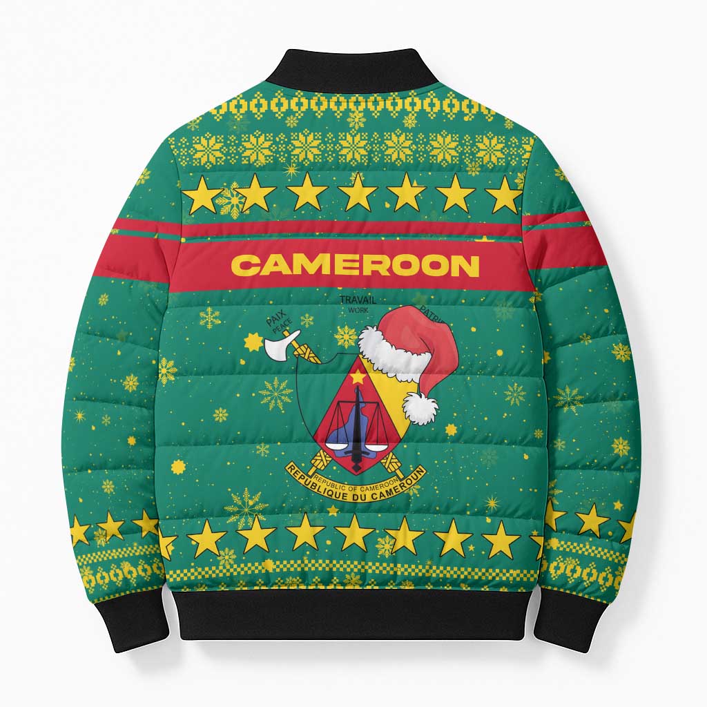 Cameroon Christmas Bomber Puffer Jacket with Green Red Pattern Coat of Arms Santa Hat and Stars Motif - Wonder Print Shop
