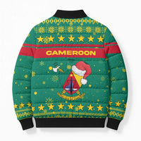 Cameroon Christmas Bomber Puffer Jacket with Green Red Pattern Coat of Arms Santa Hat and Stars Motif - Wonder Print Shop