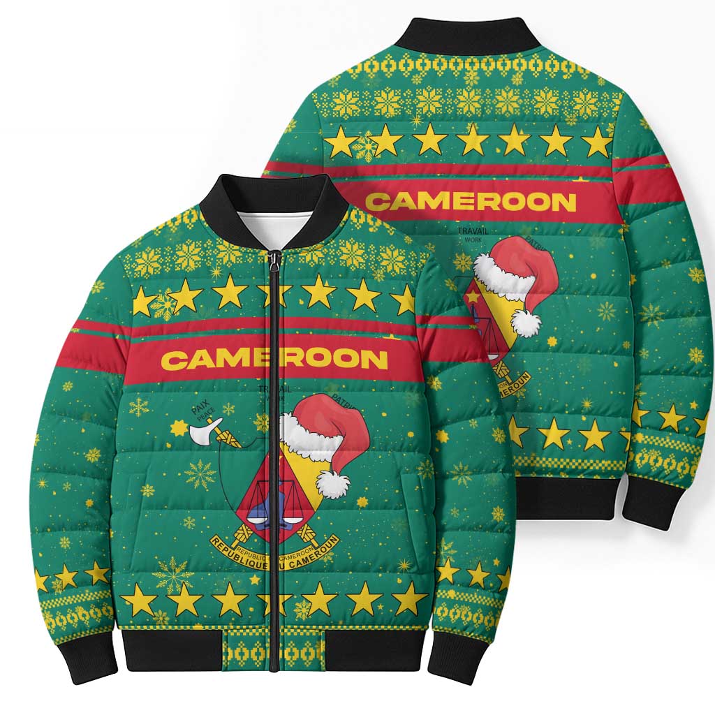 Cameroon Christmas Bomber Puffer Jacket with Green Red Pattern Coat of Arms Santa Hat and Stars Motif - Wonder Print Shop