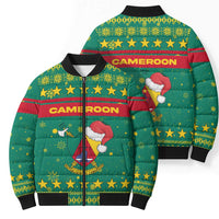 Cameroon Christmas Bomber Puffer Jacket with Green Red Pattern Coat of Arms Santa Hat and Stars Motif - Wonder Print Shop