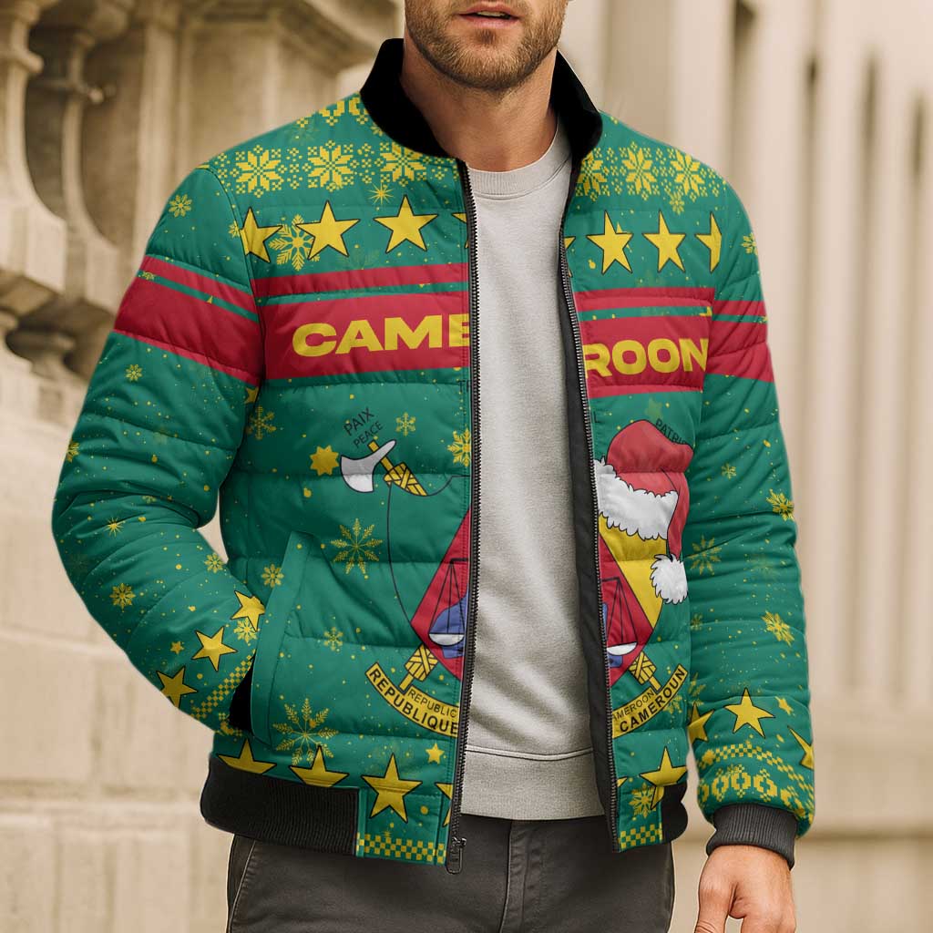 Cameroon Christmas Bomber Puffer Jacket with Green Red Pattern Coat of Arms Santa Hat and Stars Motif - Wonder Print Shop