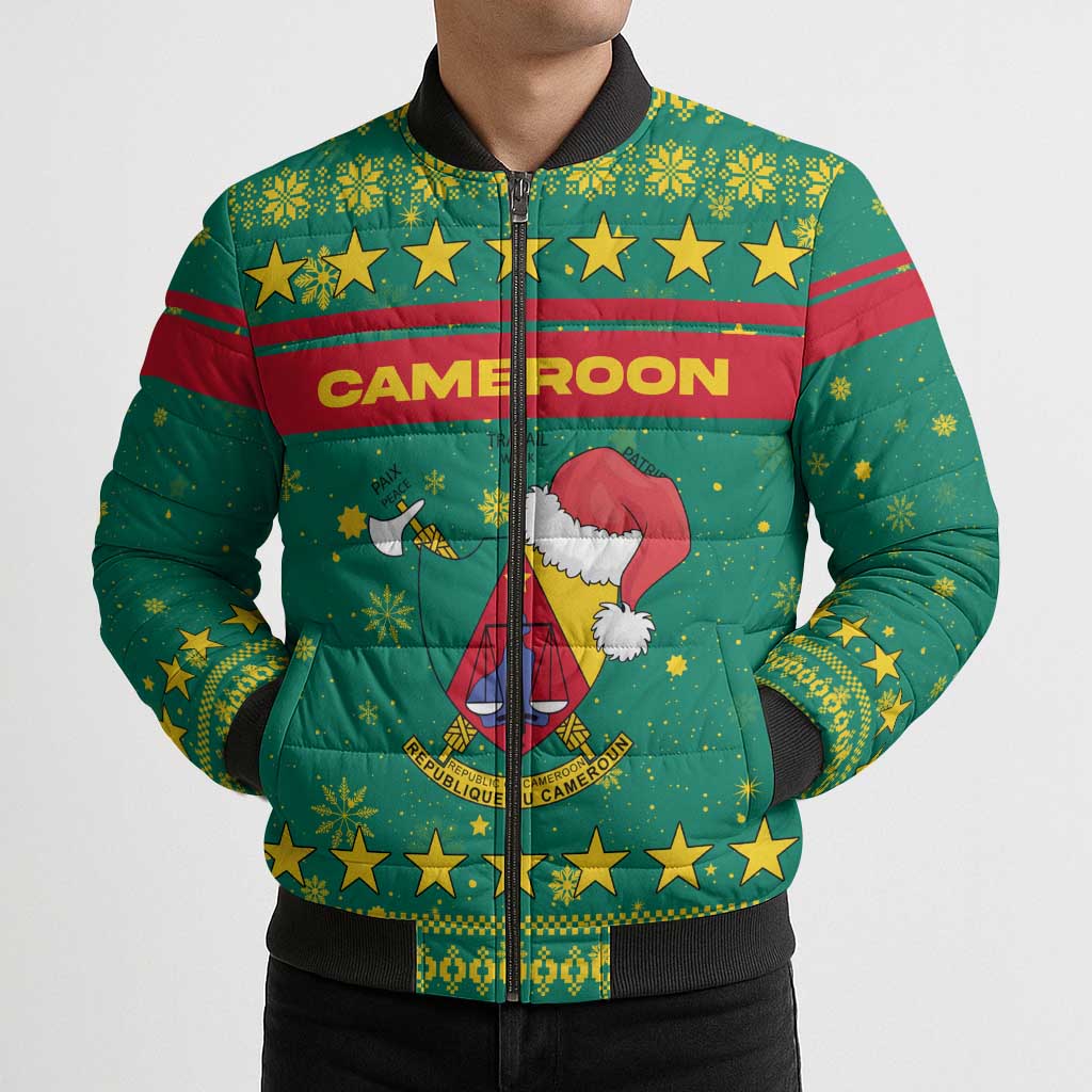 Cameroon Christmas Bomber Puffer Jacket with Green Red Pattern Coat of Arms Santa Hat and Stars Motif - Wonder Print Shop