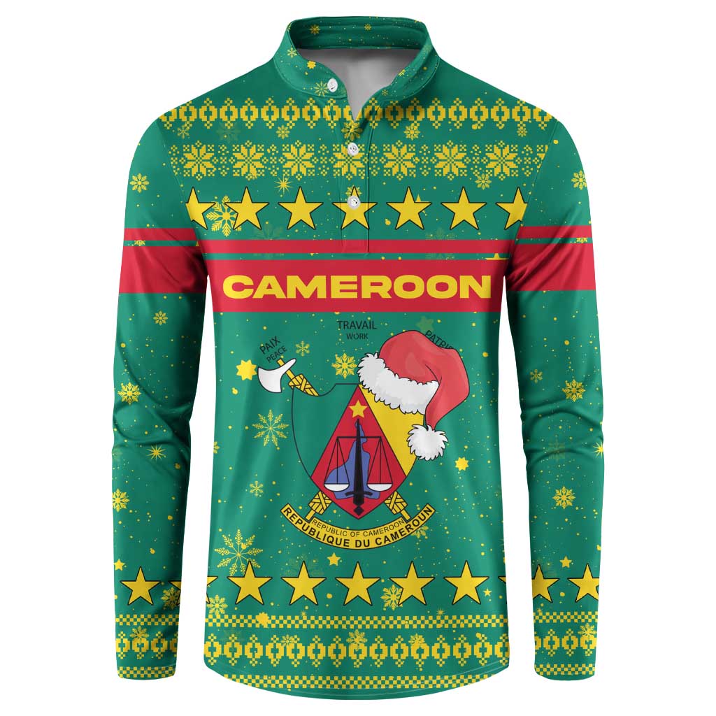 Cameroon Christmas Button Sweatshirt with Green Red Pattern Coat of Arms Santa Hat and Stars Motif - Wonder Print Shop