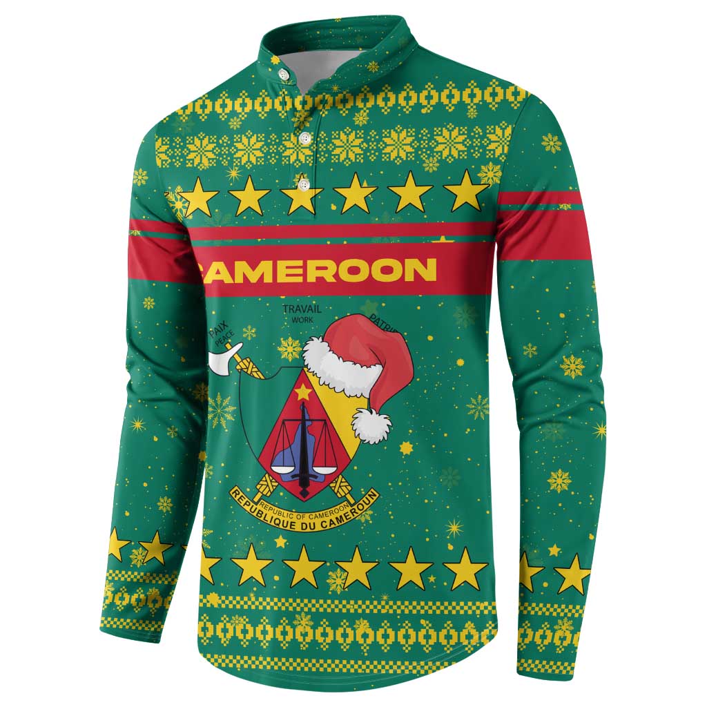 Cameroon Christmas Button Sweatshirt with Green Red Pattern Coat of Arms Santa Hat and Stars Motif - Wonder Print Shop