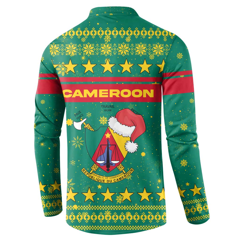 Cameroon Christmas Button Sweatshirt with Green Red Pattern Coat of Arms Santa Hat and Stars Motif - Wonder Print Shop