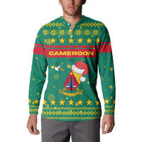 Cameroon Christmas Button Sweatshirt with Green Red Pattern Coat of Arms Santa Hat and Stars Motif - Wonder Print Shop
