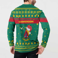 Cameroon Christmas Button Sweatshirt with Green Red Pattern Coat of Arms Santa Hat and Stars Motif - Wonder Print Shop