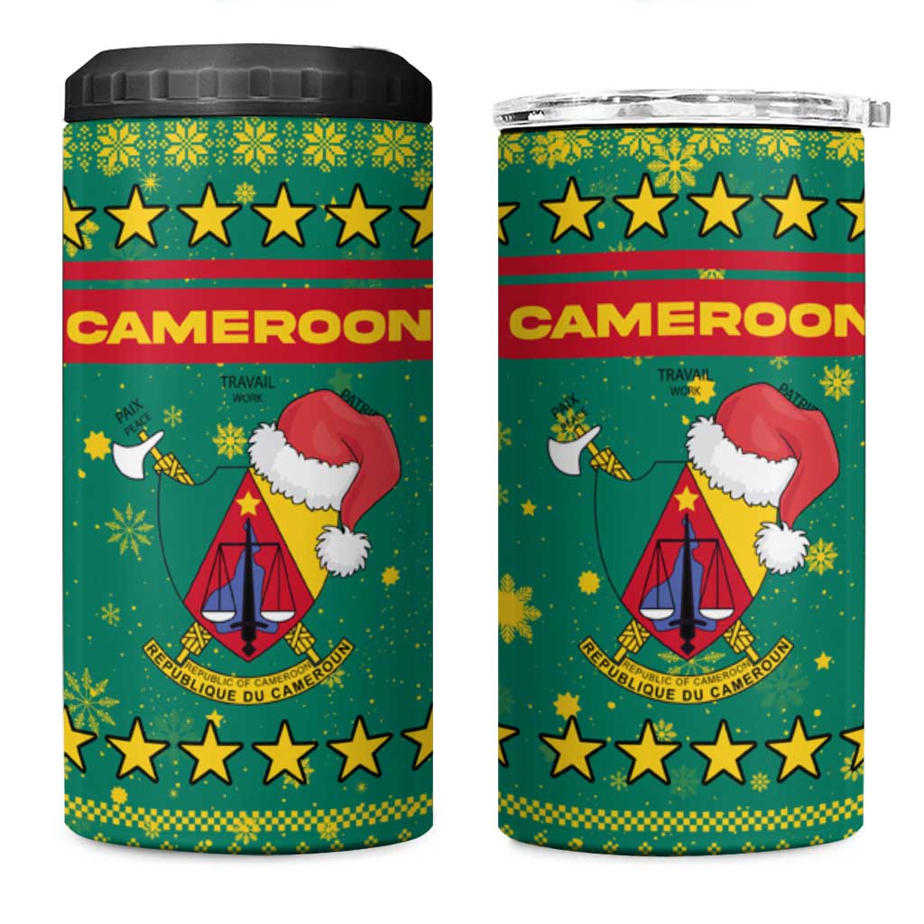 Cameroon Christmas 4 in 1 Can Cooler Tumbler with Green Red Pattern Coat of Arms Santa Hat and Stars Motif - Wonder Print Shop