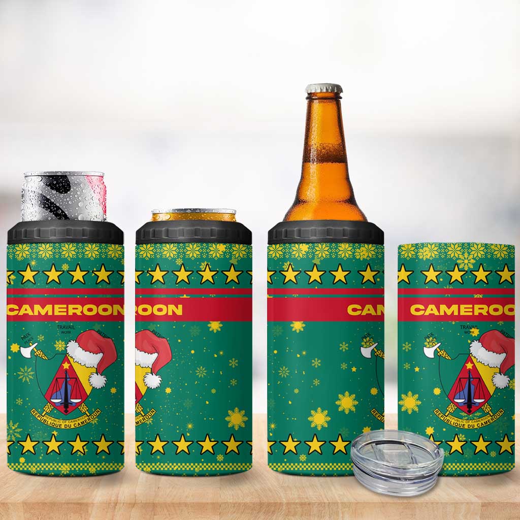 Cameroon Christmas 4 in 1 Can Cooler Tumbler with Green Red Pattern Coat of Arms Santa Hat and Stars Motif - Wonder Print Shop