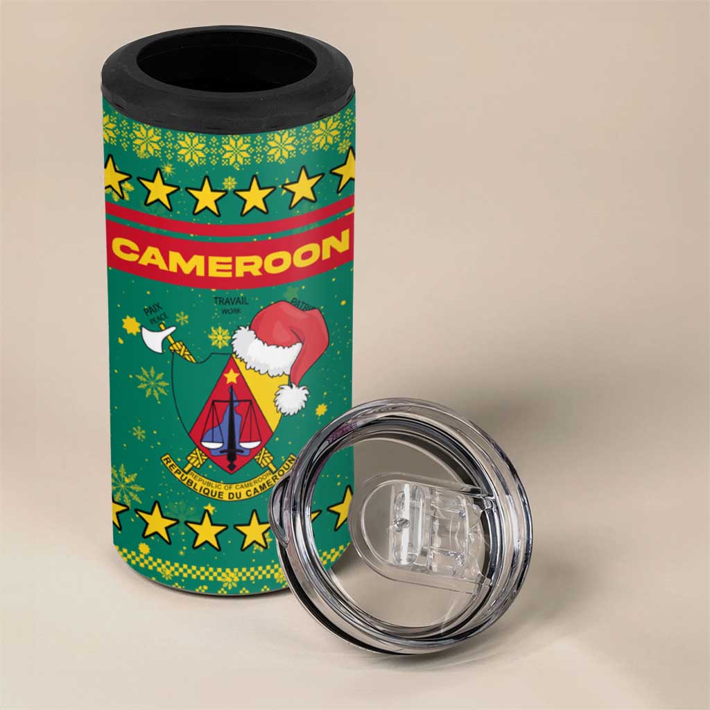 Cameroon Christmas 4 in 1 Can Cooler Tumbler with Green Red Pattern Coat of Arms Santa Hat and Stars Motif - Wonder Print Shop
