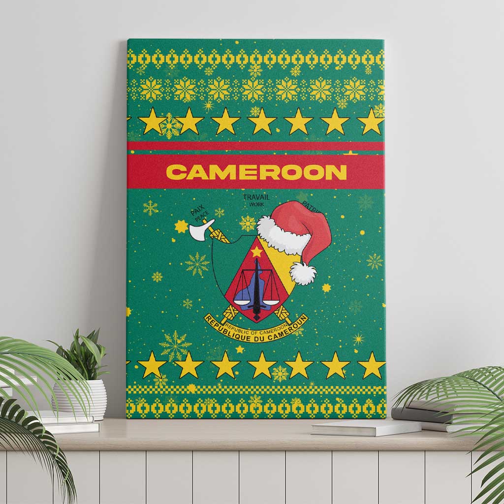 Cameroon Christmas Canvas Wall Art with Green Red Pattern Coat of Arms Santa Hat and Stars Motif - Wonder Print Shop