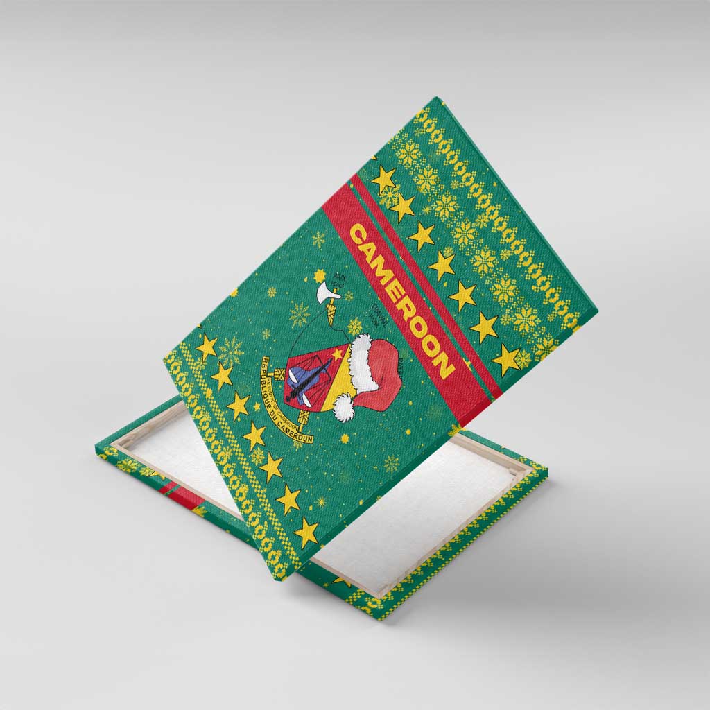 Cameroon Christmas Canvas Wall Art with Green Red Pattern Coat of Arms Santa Hat and Stars Motif - Wonder Print Shop