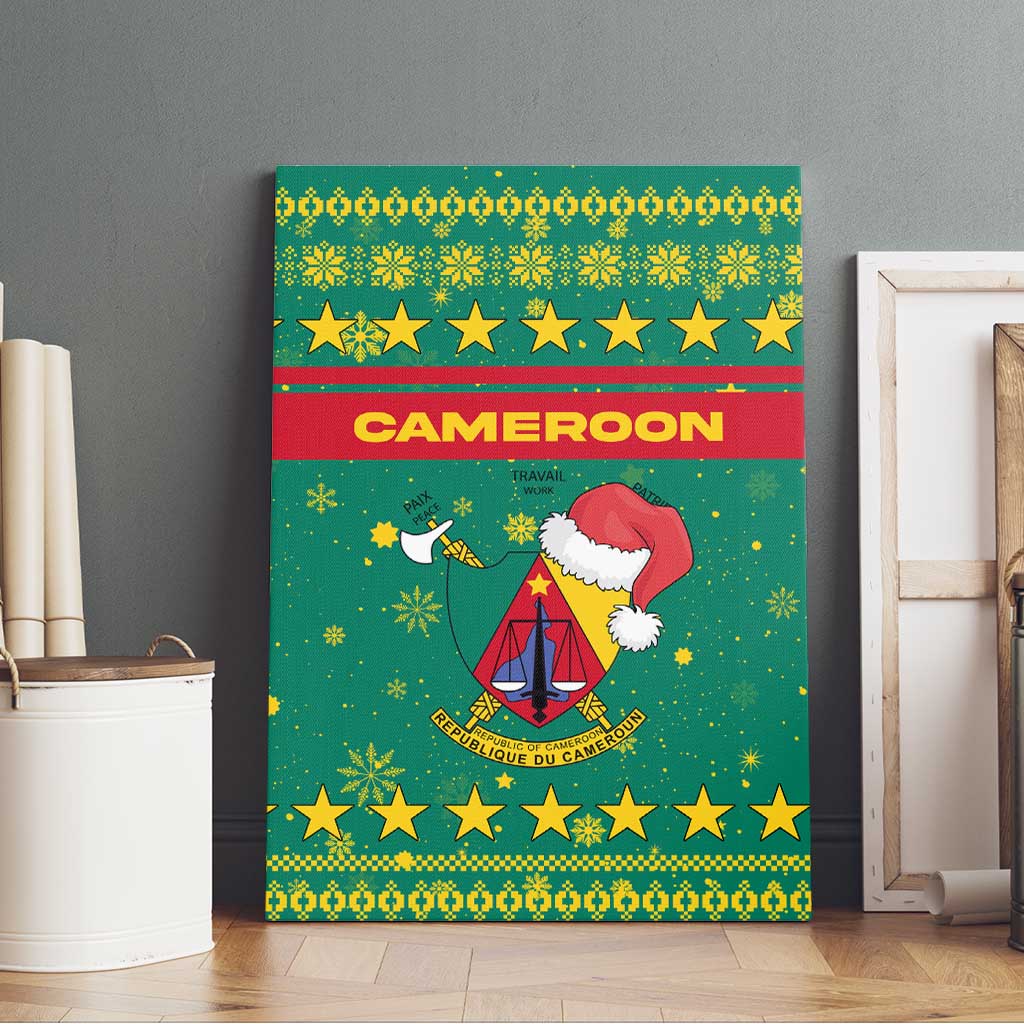 Cameroon Christmas Canvas Wall Art with Green Red Pattern Coat of Arms Santa Hat and Stars Motif - Wonder Print Shop