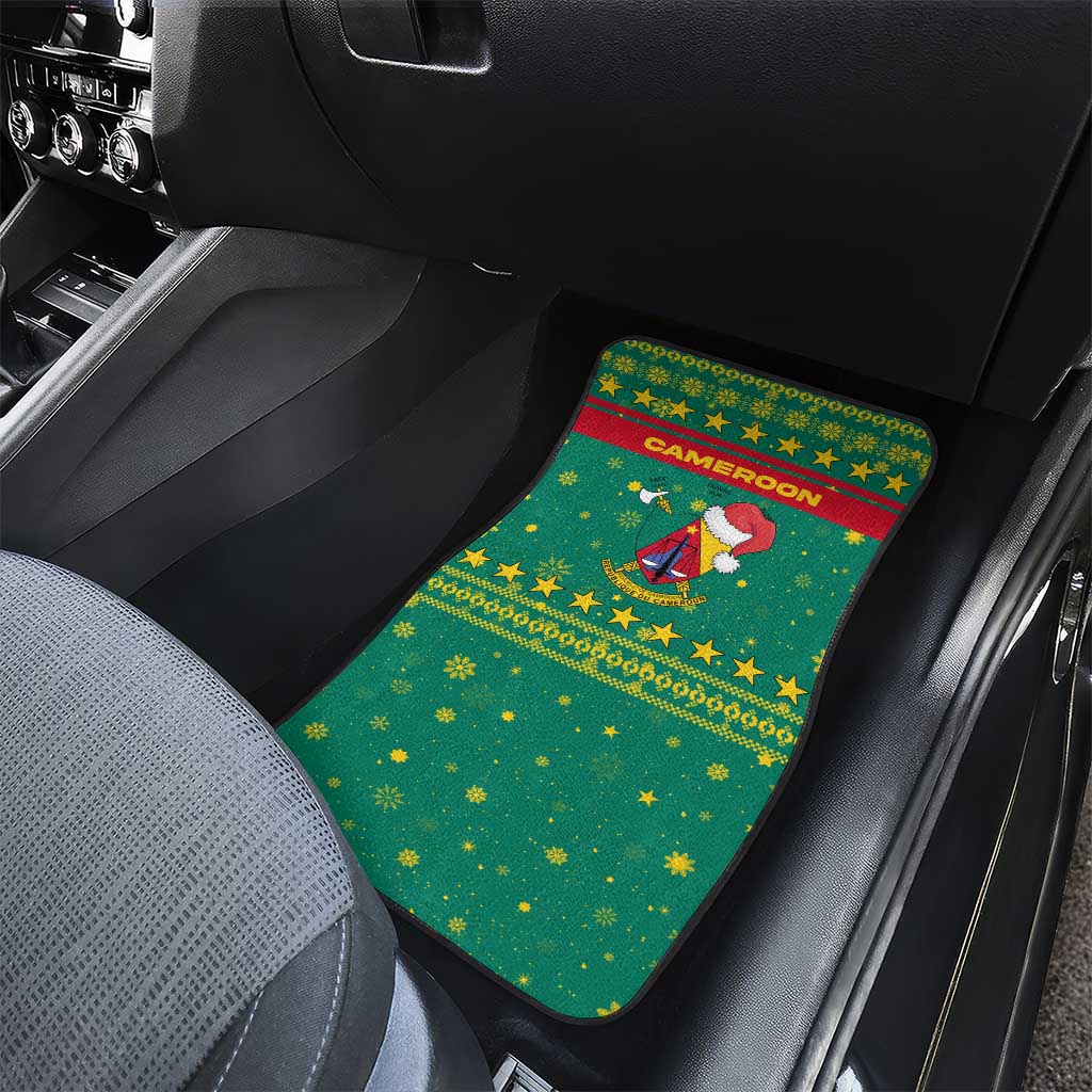 Cameroon Christmas Car Mats with Green Red Pattern Coat of Arms Santa Hat and Stars Motif - Wonder Print Shop