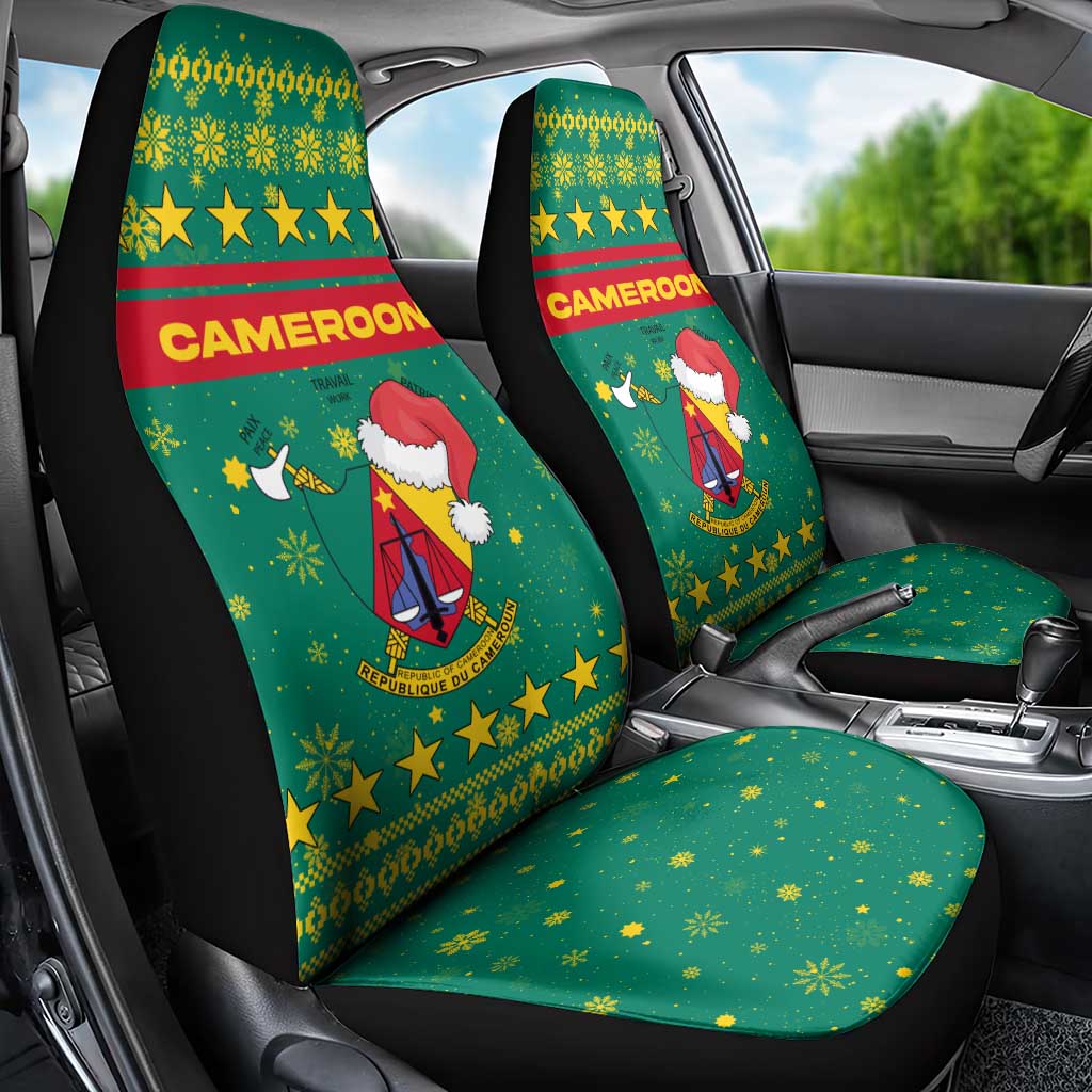 Cameroon Christmas Car Seat Cover with Green Red Pattern Coat of Arms Santa Hat and Stars Motif - Wonder Print Shop