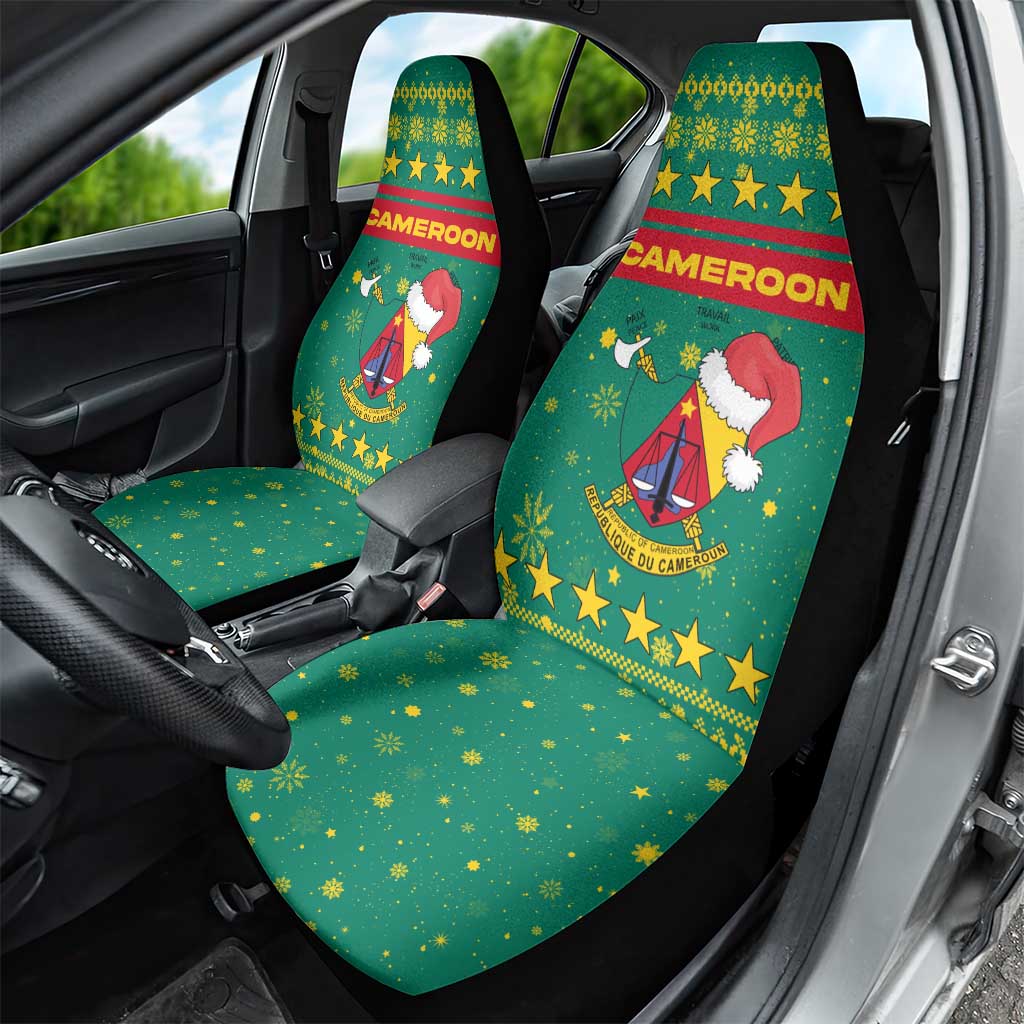 Cameroon Christmas Car Seat Cover with Green Red Pattern Coat of Arms Santa Hat and Stars Motif - Wonder Print Shop