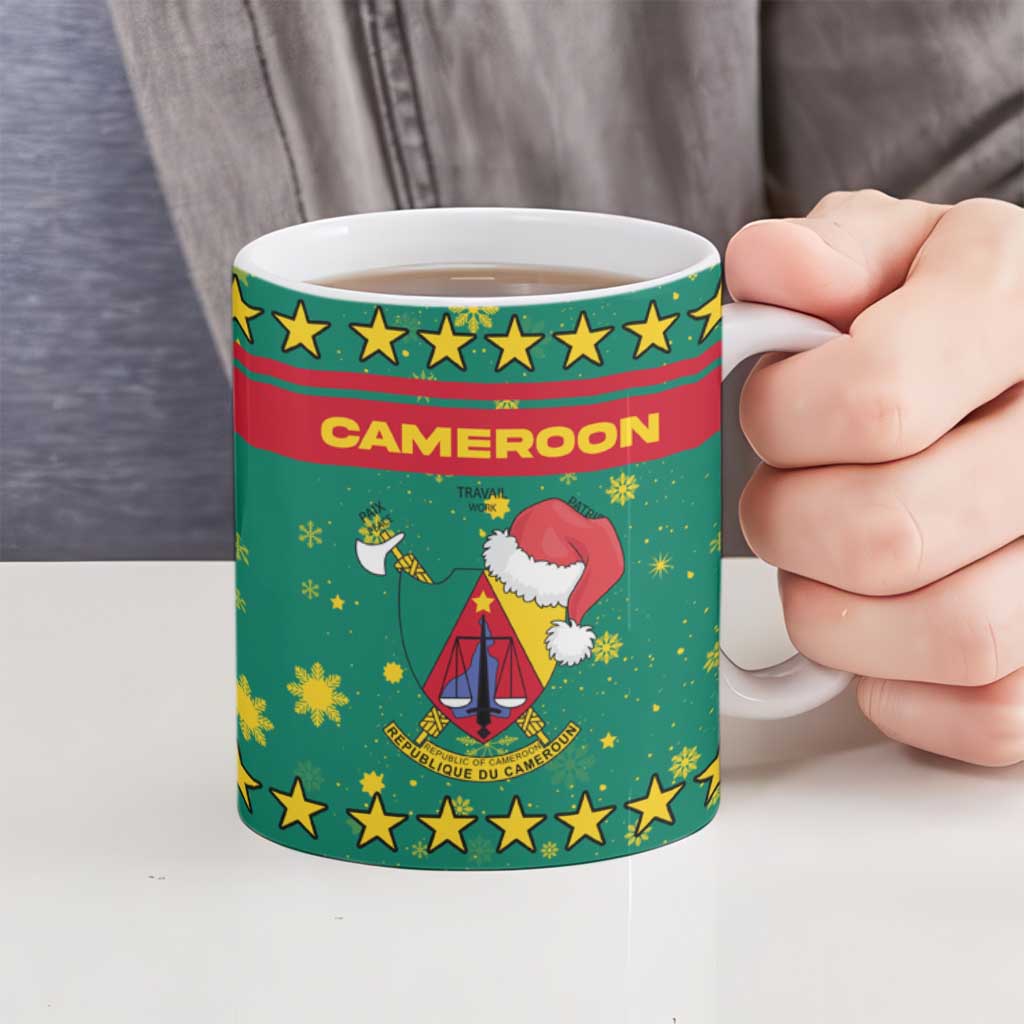Cameroon Christmas Ceramic Mug with Green Red Pattern Coat of Arms Santa Hat and Stars Motif - Wonder Print Shop