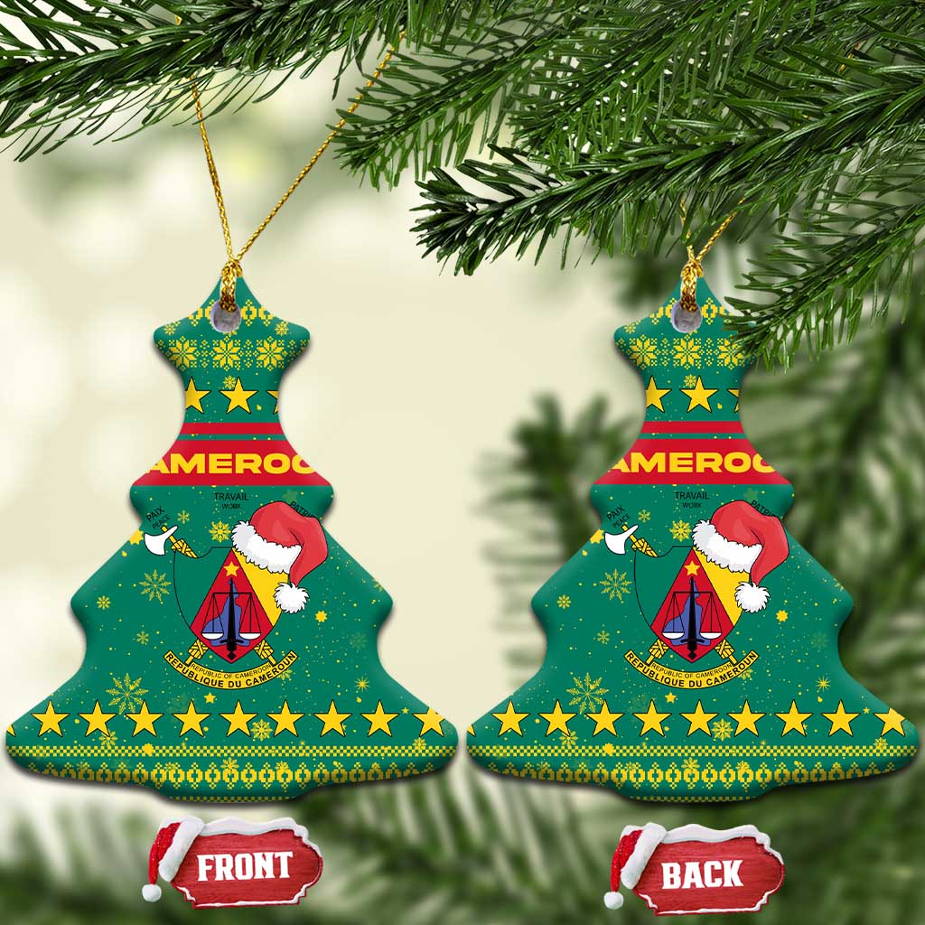 Cameroon Christmas Ceramic Ornament with Green Red Pattern Coat of Arms Santa Hat and Stars Motif - Wonder Print Shop