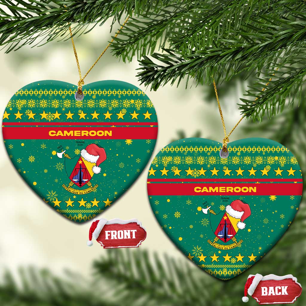Cameroon Christmas Ceramic Ornament with Green Red Pattern Coat of Arms Santa Hat and Stars Motif - Wonder Print Shop