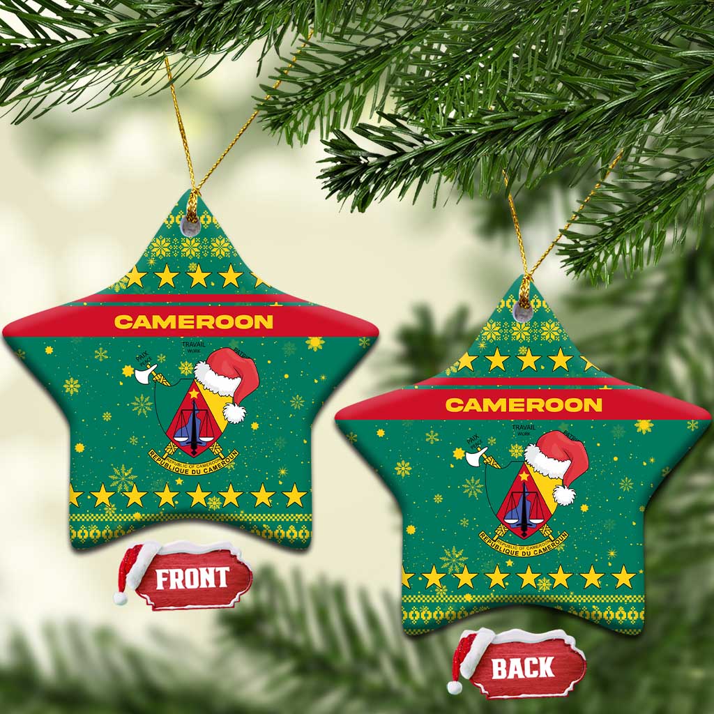 Cameroon Christmas Ceramic Ornament with Green Red Pattern Coat of Arms Santa Hat and Stars Motif - Wonder Print Shop